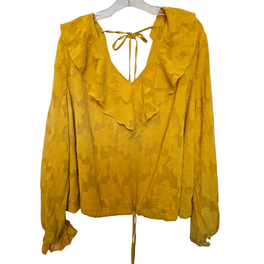 Motf Women Mustard Yellow Floral Jacquard Ruffle V-Neck Blouse 4XL